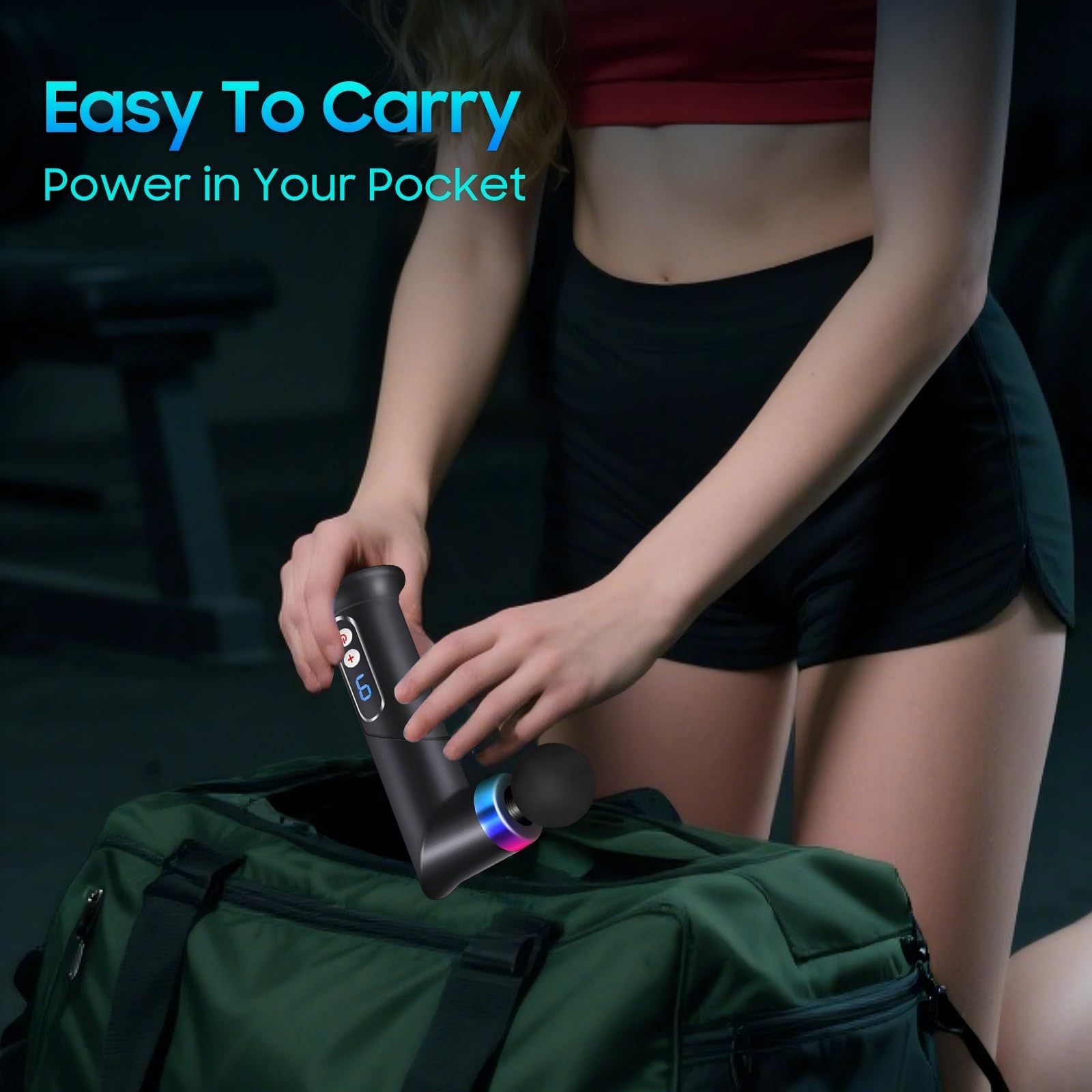 JOYSUWERUN mini massage gun post-workout tool for recovery sessions.