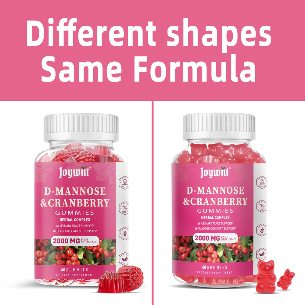 Joywiit D-Mannose Gummies displayed with cranberry visuals and bright gummies.