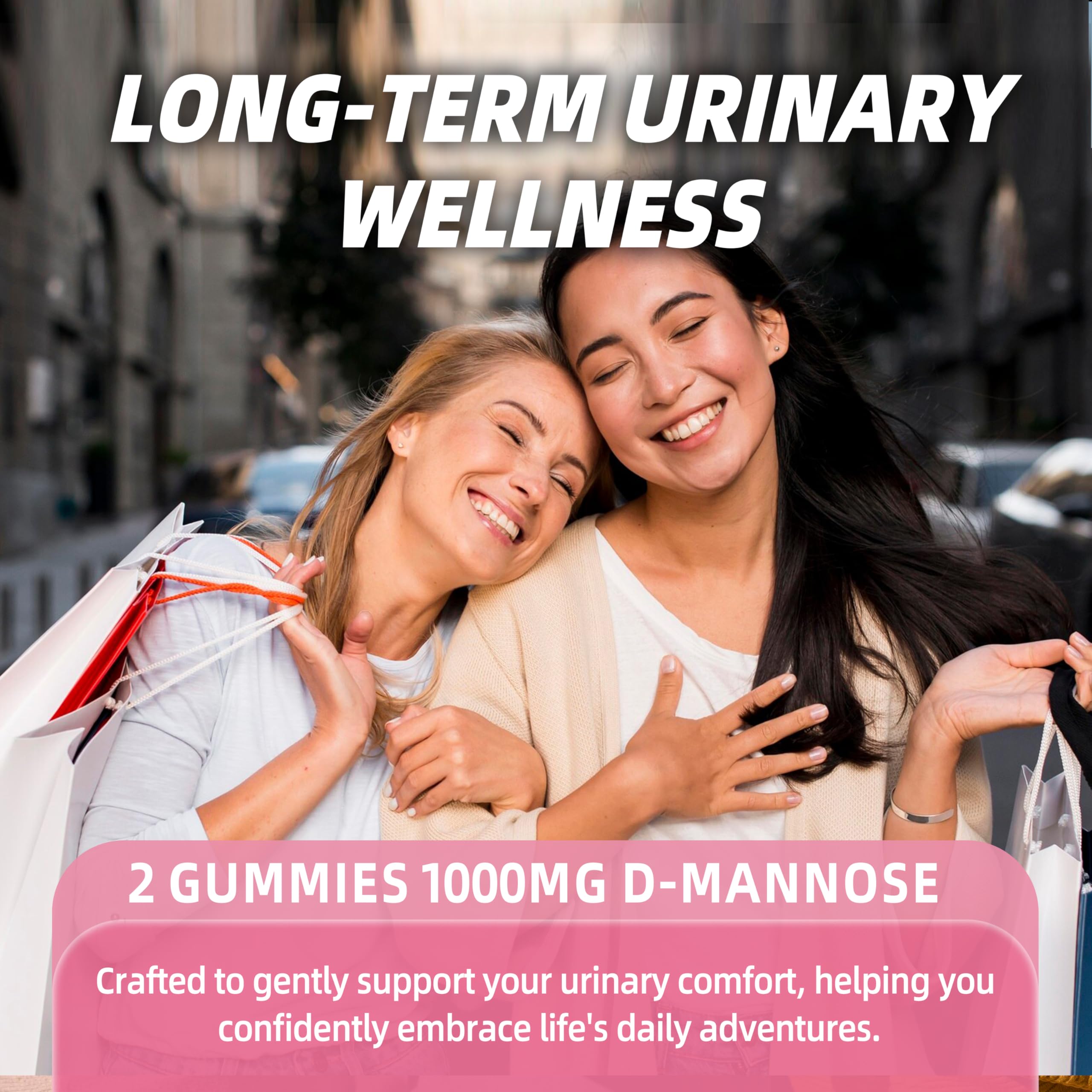 Joywiit D-Mannose Gummies ingredient blend featuring hibiscus and cranberry imagery.