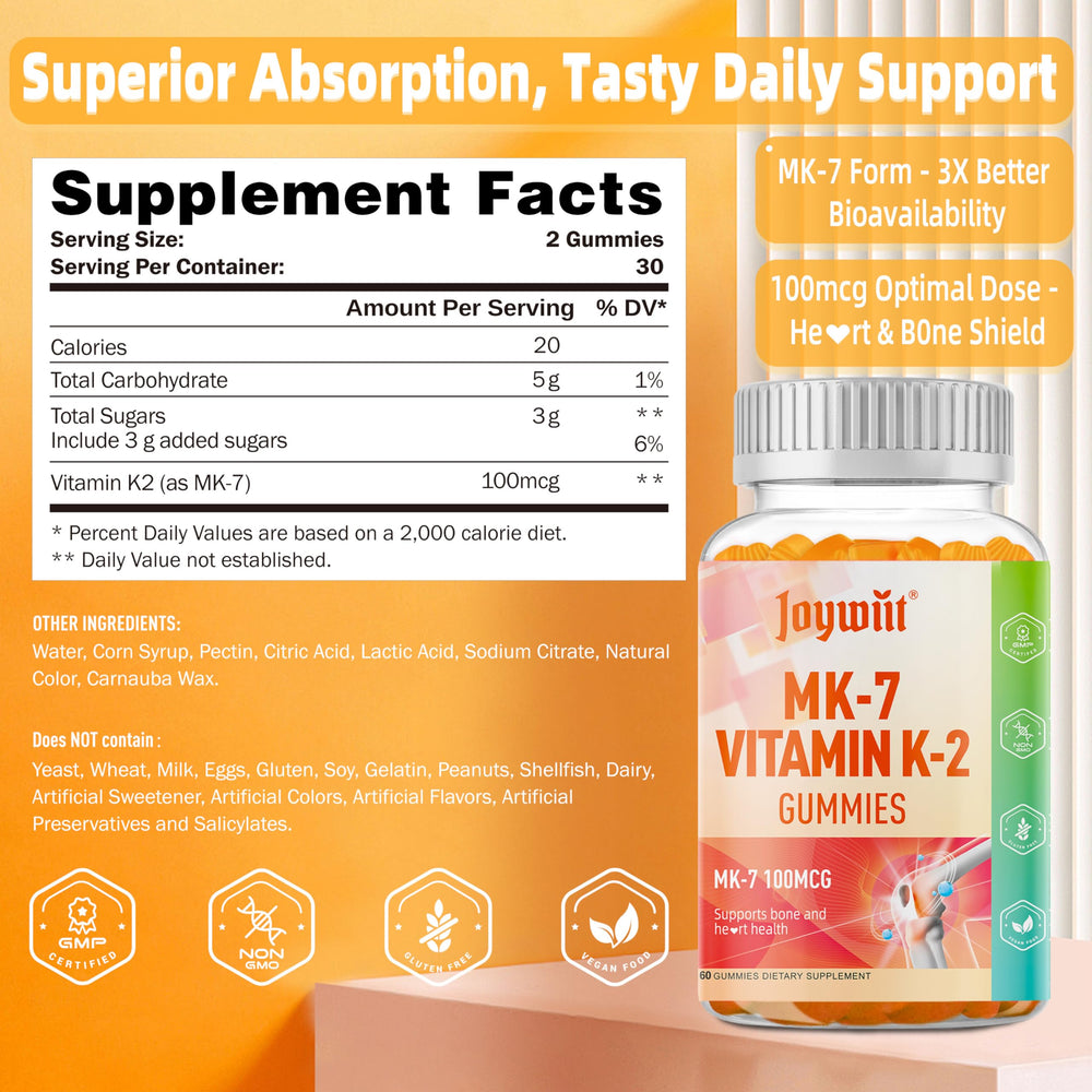 Joywiit Vitamin K2 MK-7 gummies close-up showing natural orange flavor for easy daily intake.