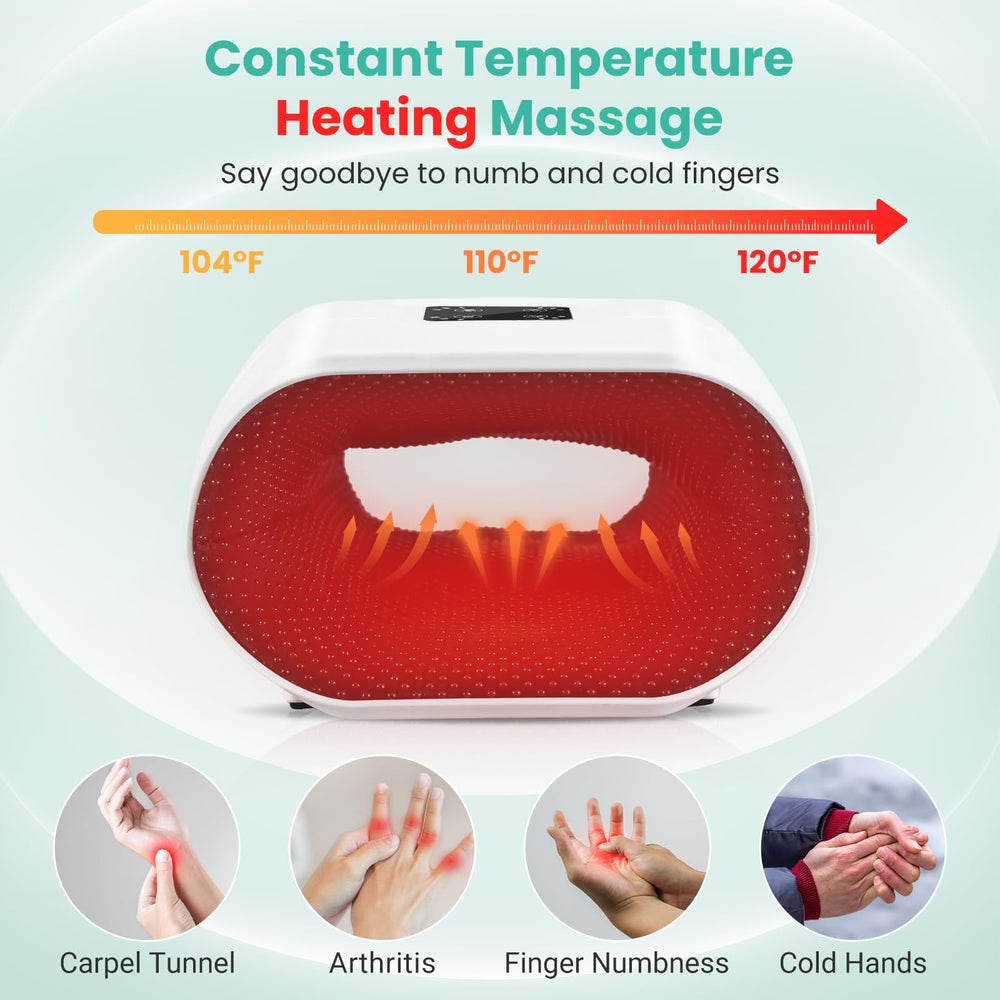JQX massager in compression mode demonstrates finger and palm therapy benefits.