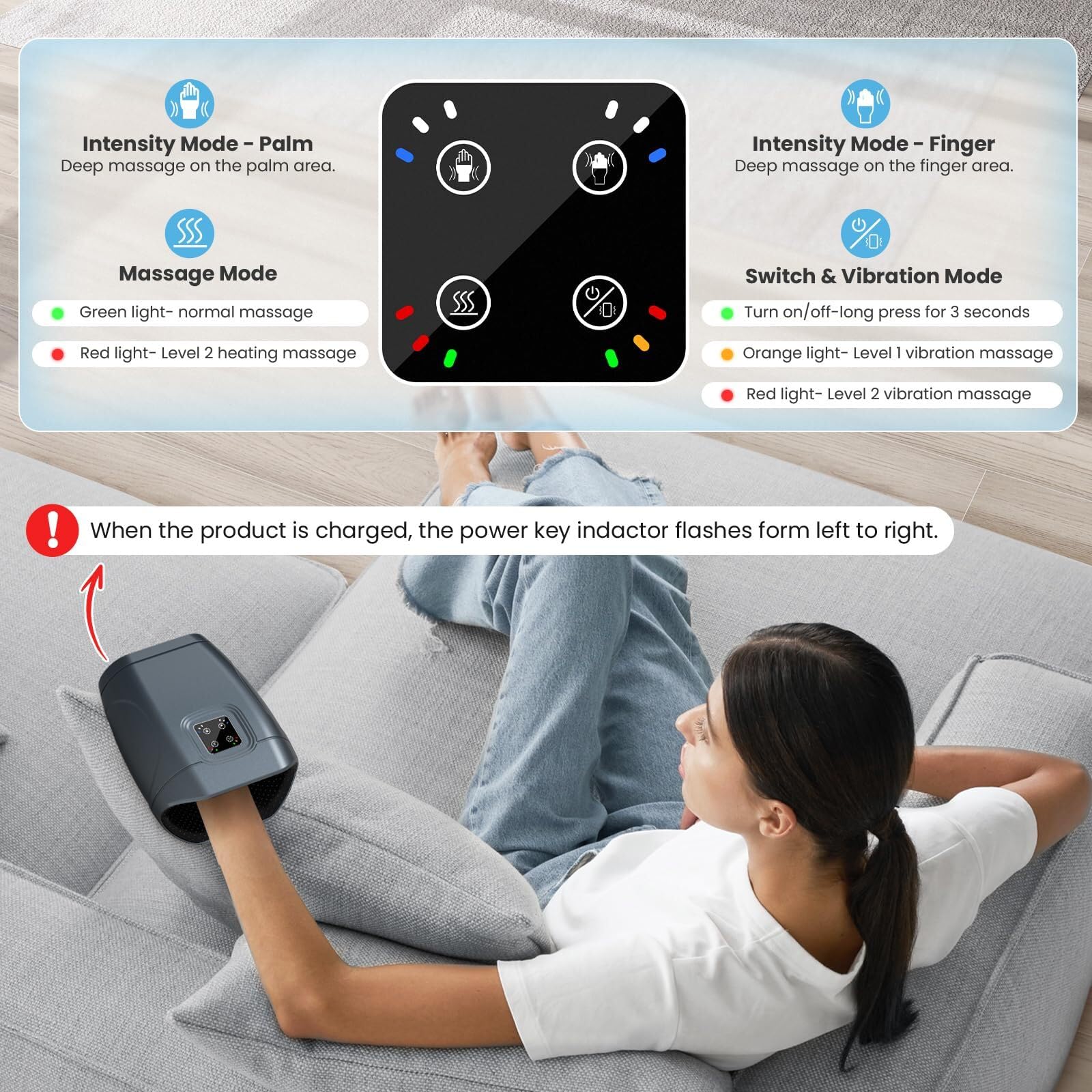 JQX Hand Massager uses USB-C charging for easy power.