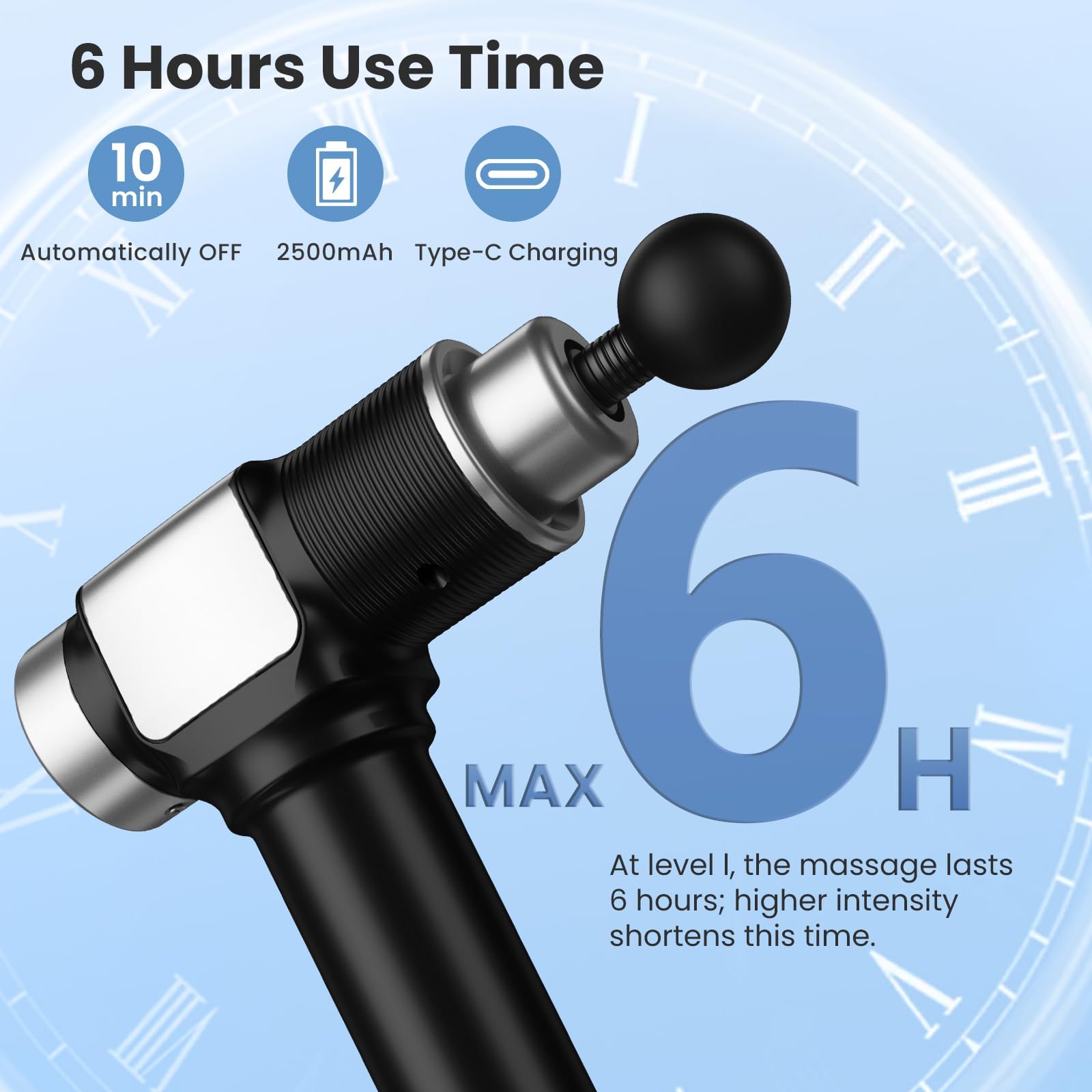 JQX Massage Gun 2500mAh battery for long cordless sessions.