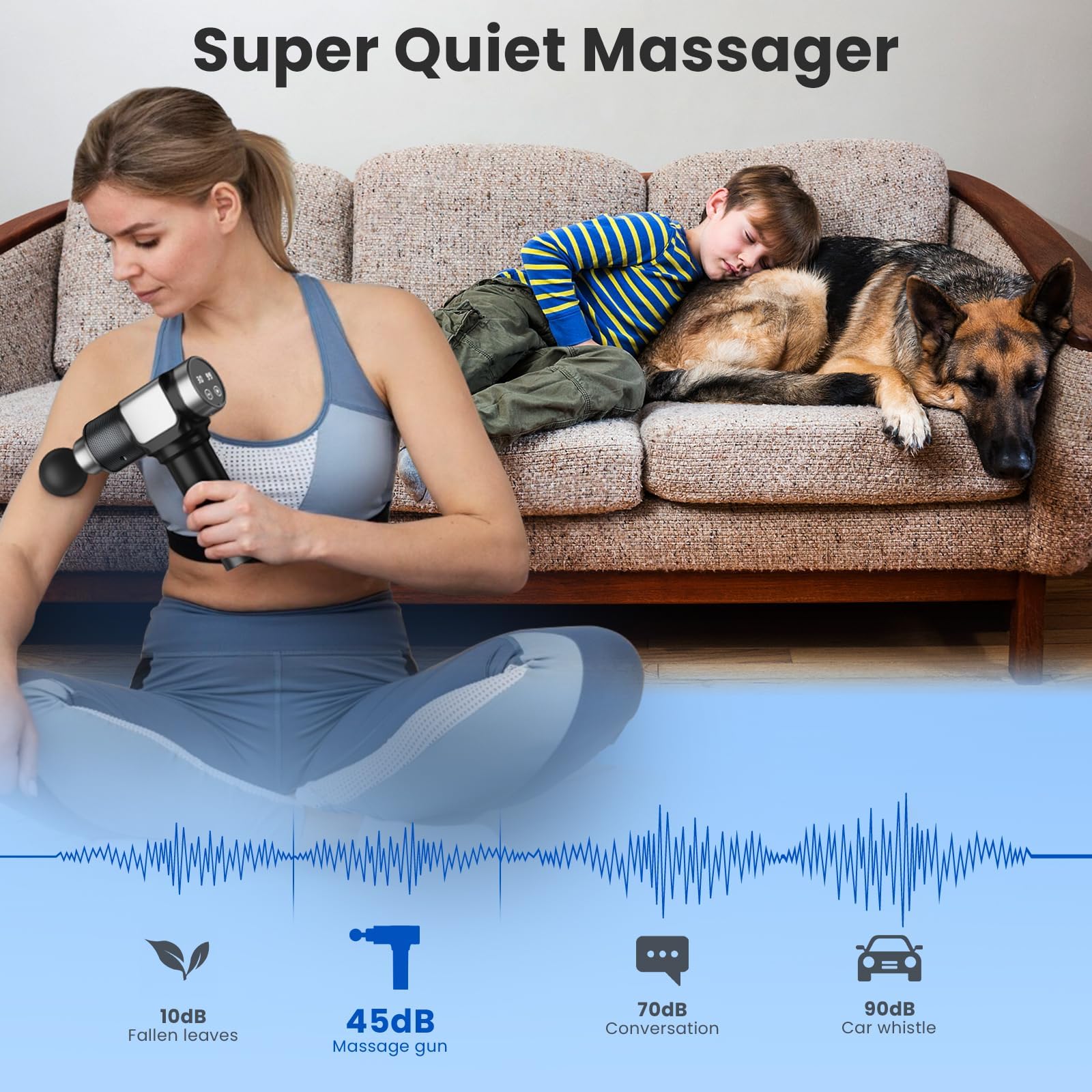 JQX Massage Gun operates quietly at 45dB for discreet use.