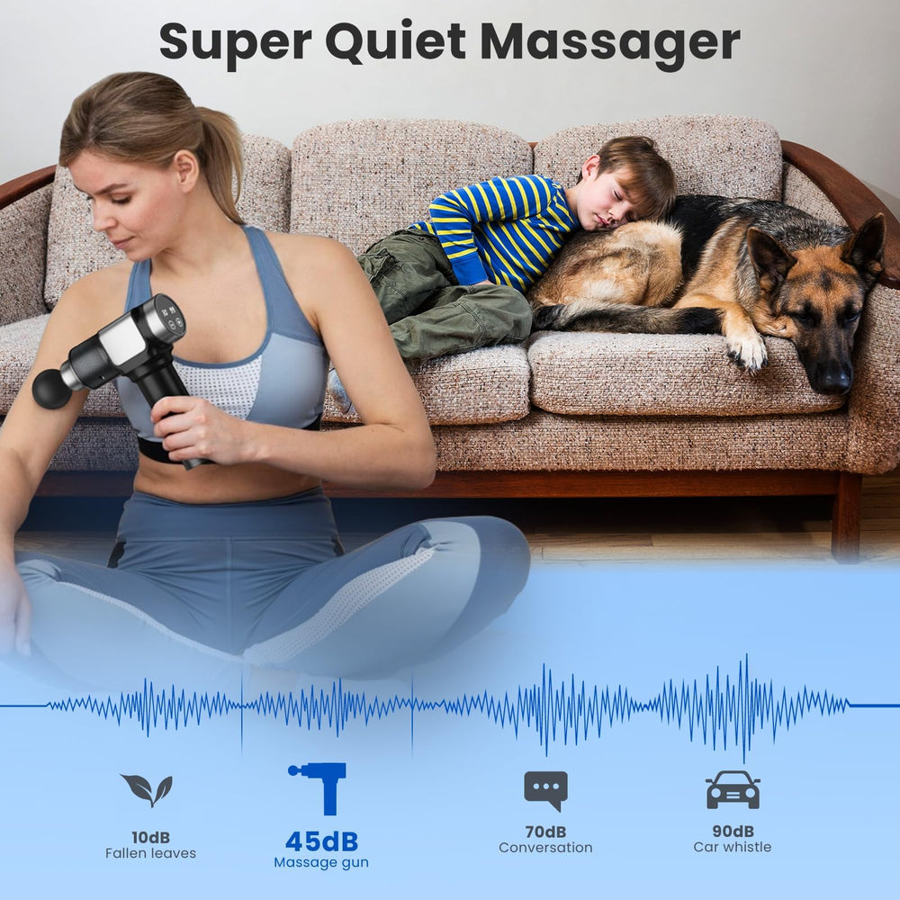 JQX Massage Gun operates quietly at 45dB for discreet use.