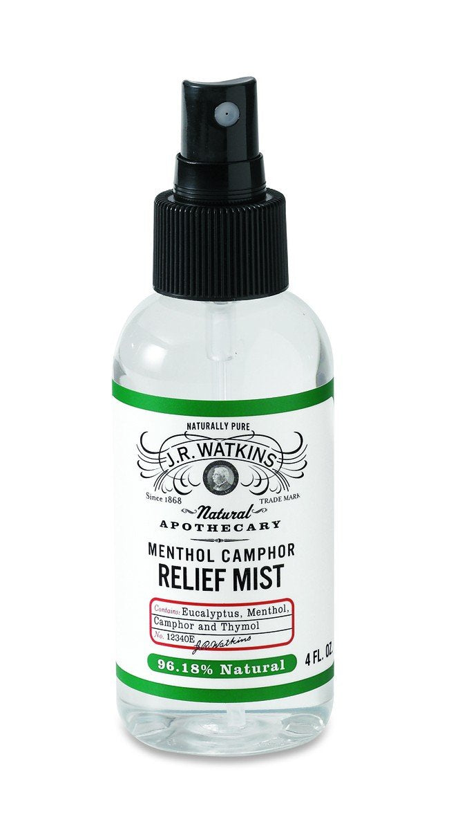 J.R. Watkins Menthol Camphor Relief Mist cover in a four-pack, refreshing cooling spray for quick refreshment