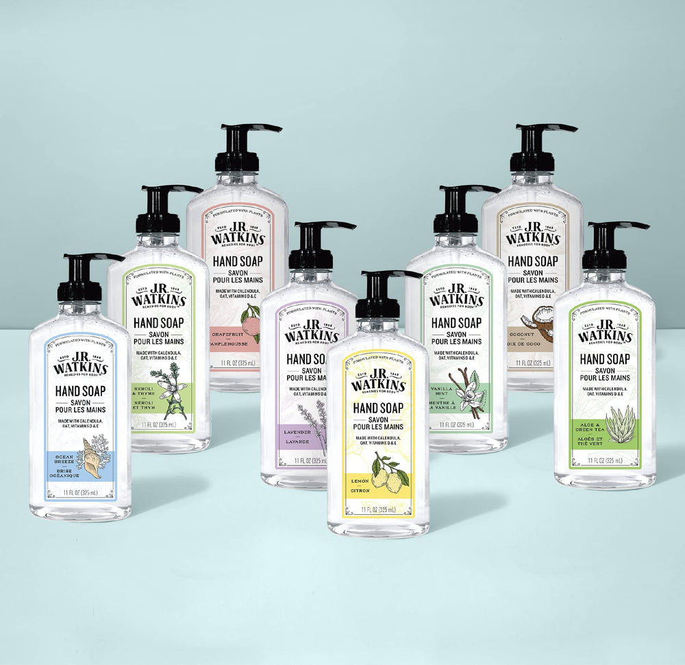 J.R. Watkins Naturals Lemon Hand Soap beside towel ready for everyday use