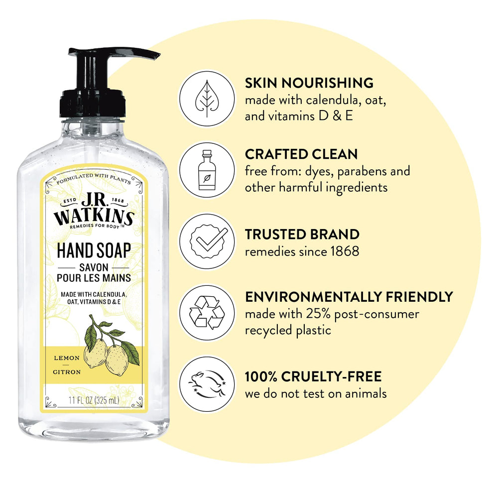 J.R. Watkins Naturals Lemon Hand Soap ingredients scene highlighting non-toxic, biodegradable formula
