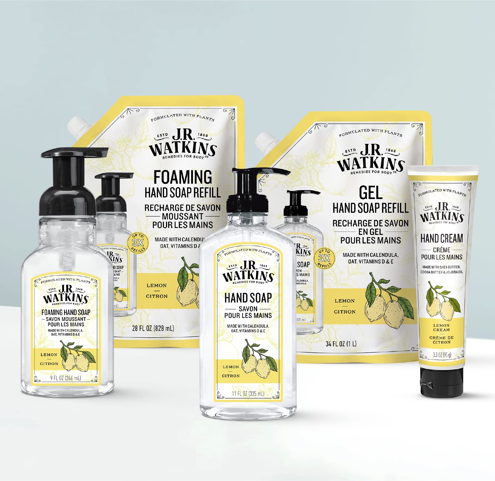 J.R. Watkins Naturals Lemon Hand Soap lather close-up suggesting rich foam and scent