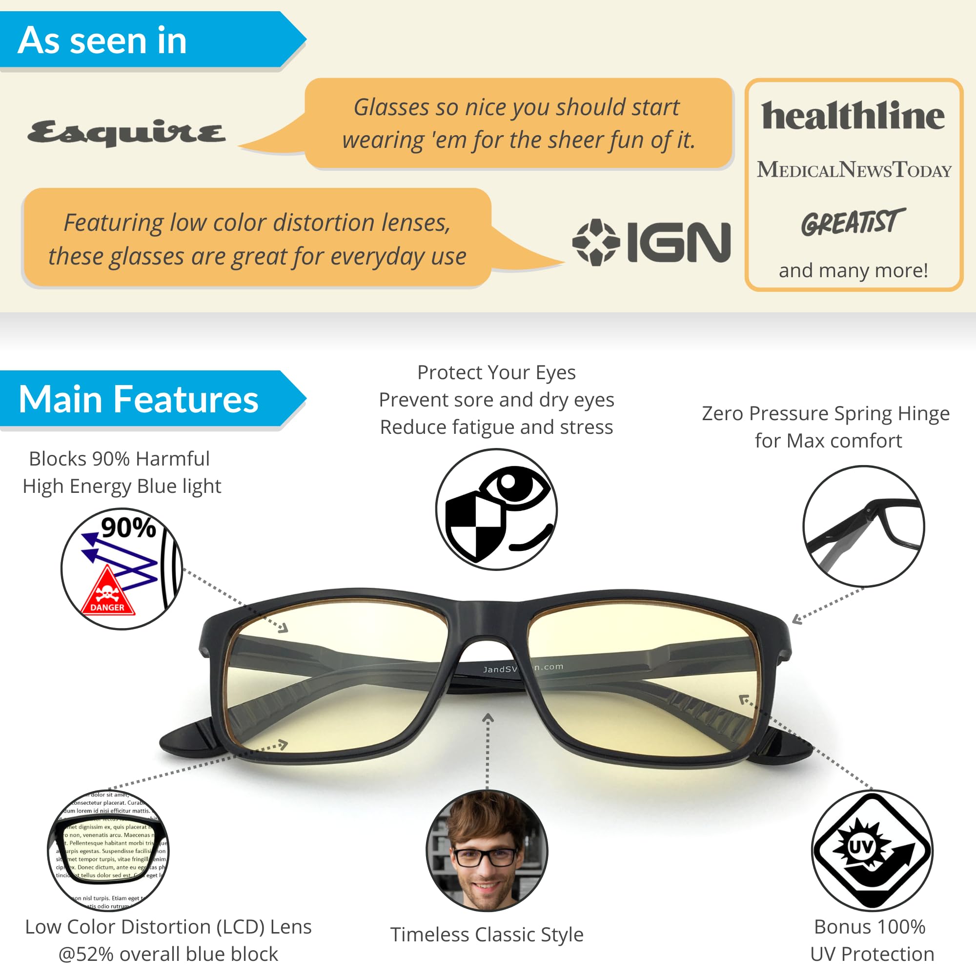 J+S Haka blue light glasses front view classic rectangle black frame