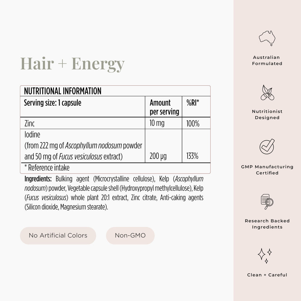 JSHealth capsules close-up highlighting iodine and zinc benefits for hair and skin