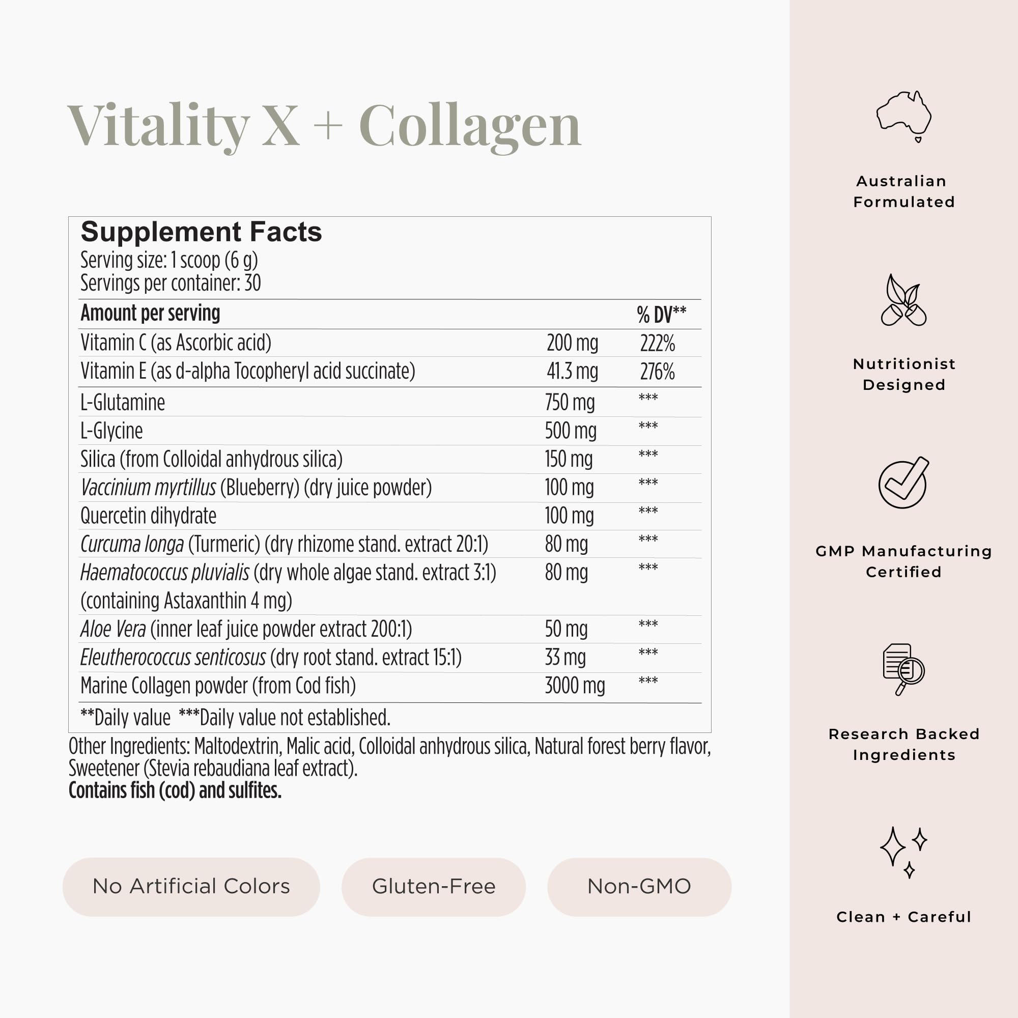 JSHealth Vitality X + Collagen ingredients glass highlighting silica and vitamins for skin support.