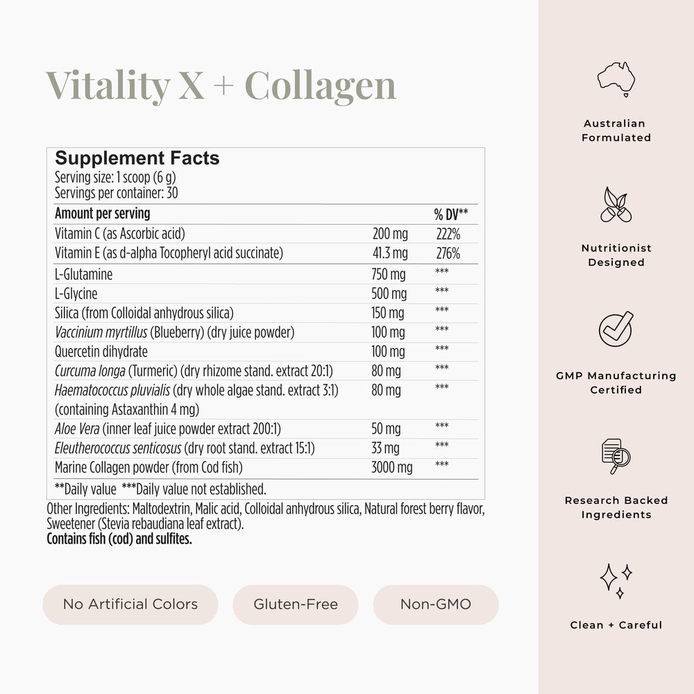 JSHealth Vitality X + Collagen ingredients glass highlighting silica and vitamins for skin support.