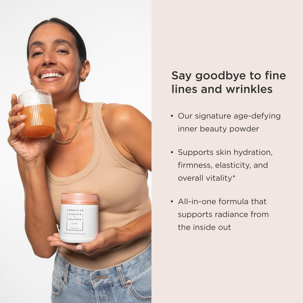 JSHealth Vitality X + Collagen tub contents featuring marine collagen and astaxanthin.