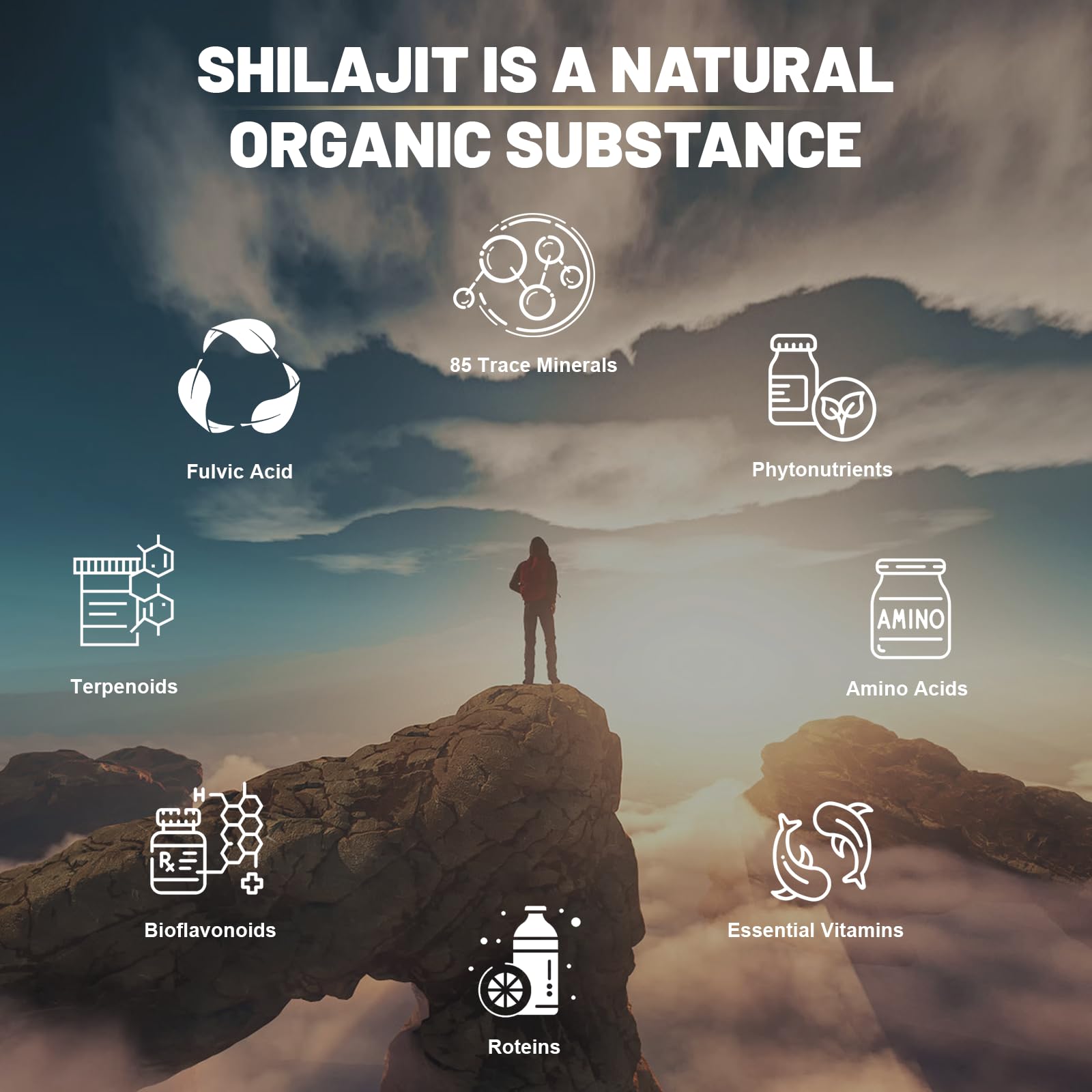 Juebingy Shilajit Capsules bottle label highlights 1300mg per serving for sustained vitality.
