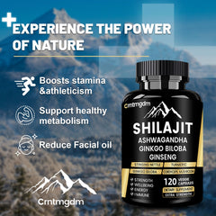 Juebingy Shilajit Capsules pouch shows 60% fulvic acid for improved mineral absorption.