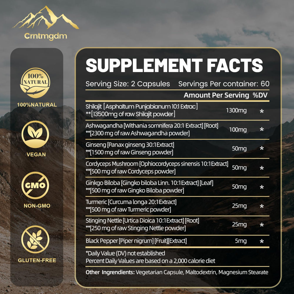 Juebingy Shilajit Capsules with Ashwagandha roots highlight enhanced energy and endurance.