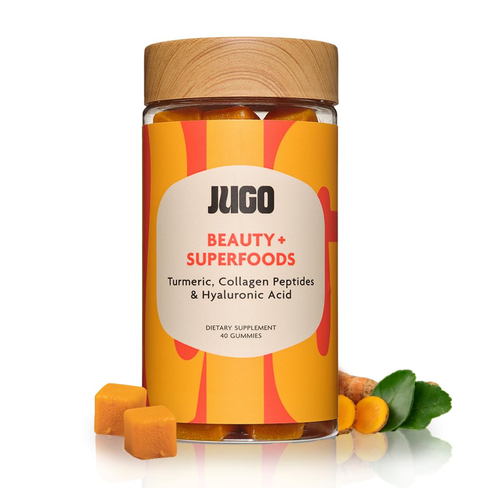 JUGO Beauty Gummies bottle on display highlighting collagen for hair, skin, and nails.