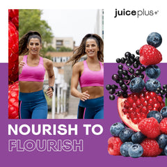 Ingredients panel of Juice Plus+ Berry Blend shows vegan, gluten-free, non-GMO