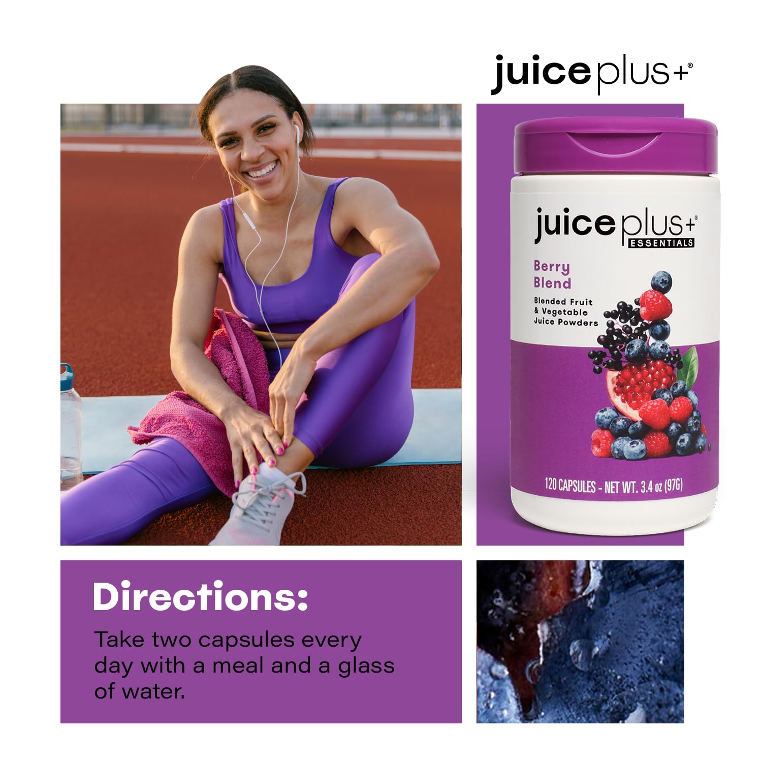 Juice Plus+ Berry Blend in a kitchen setup for smoothie use