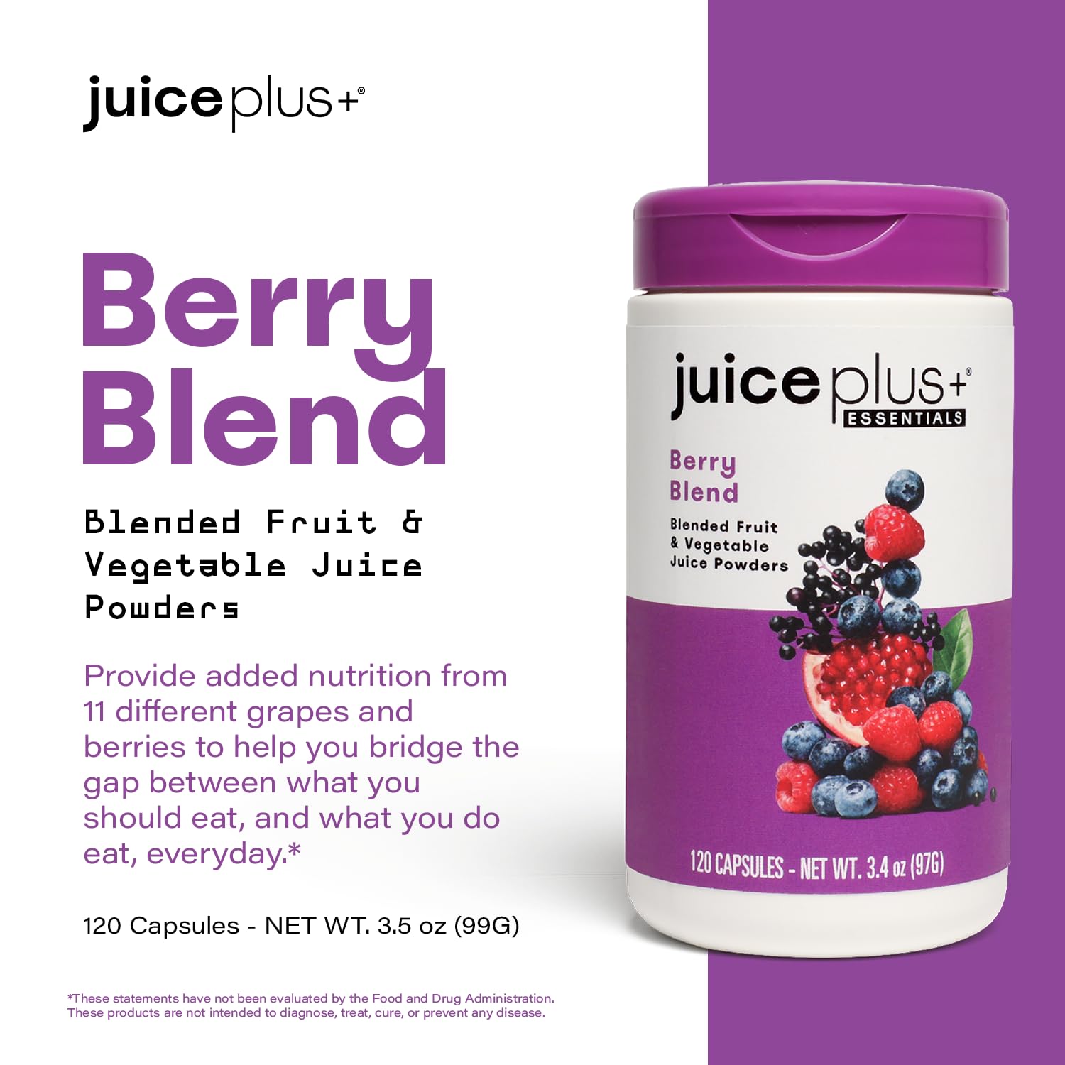 Close-up of Juice Plus+ Berry Blend label highlighting ingredients