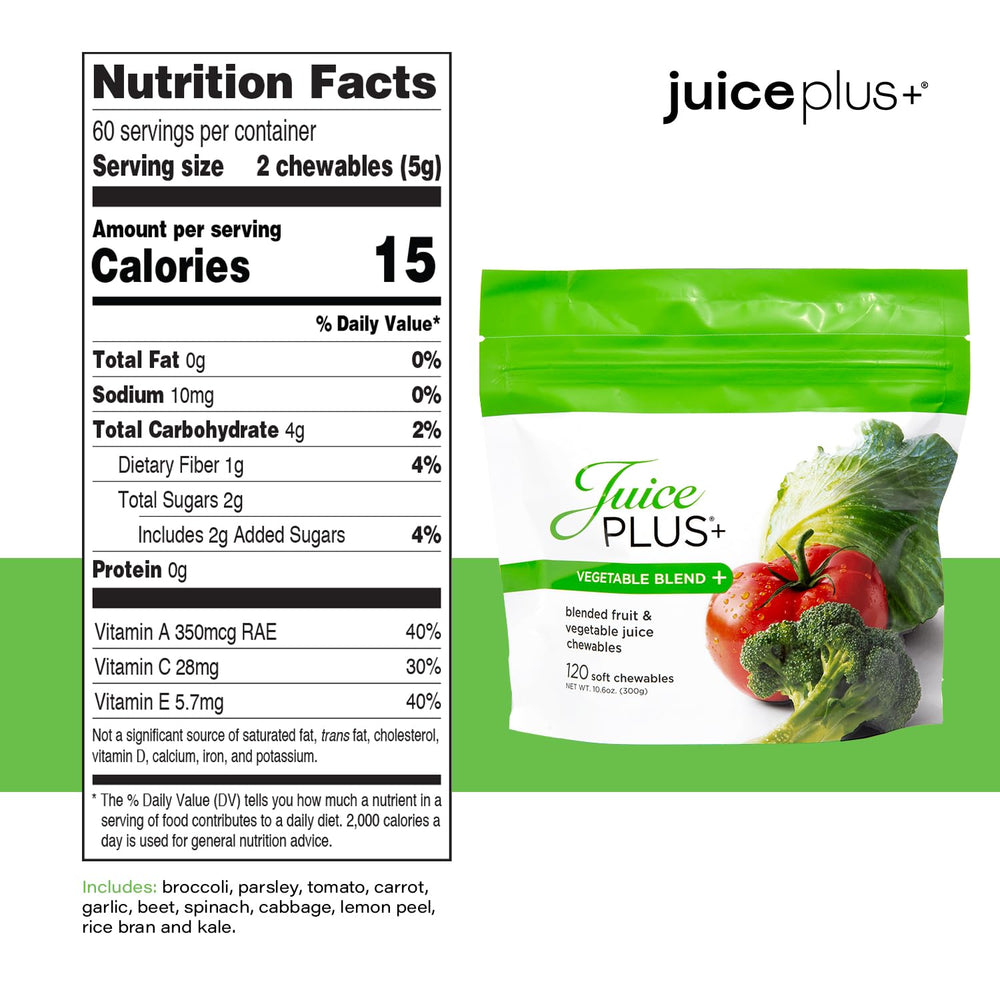 Close-up texture of Juice Plus+ chews highlighting bite-sized, tasty, wholesome ingredients