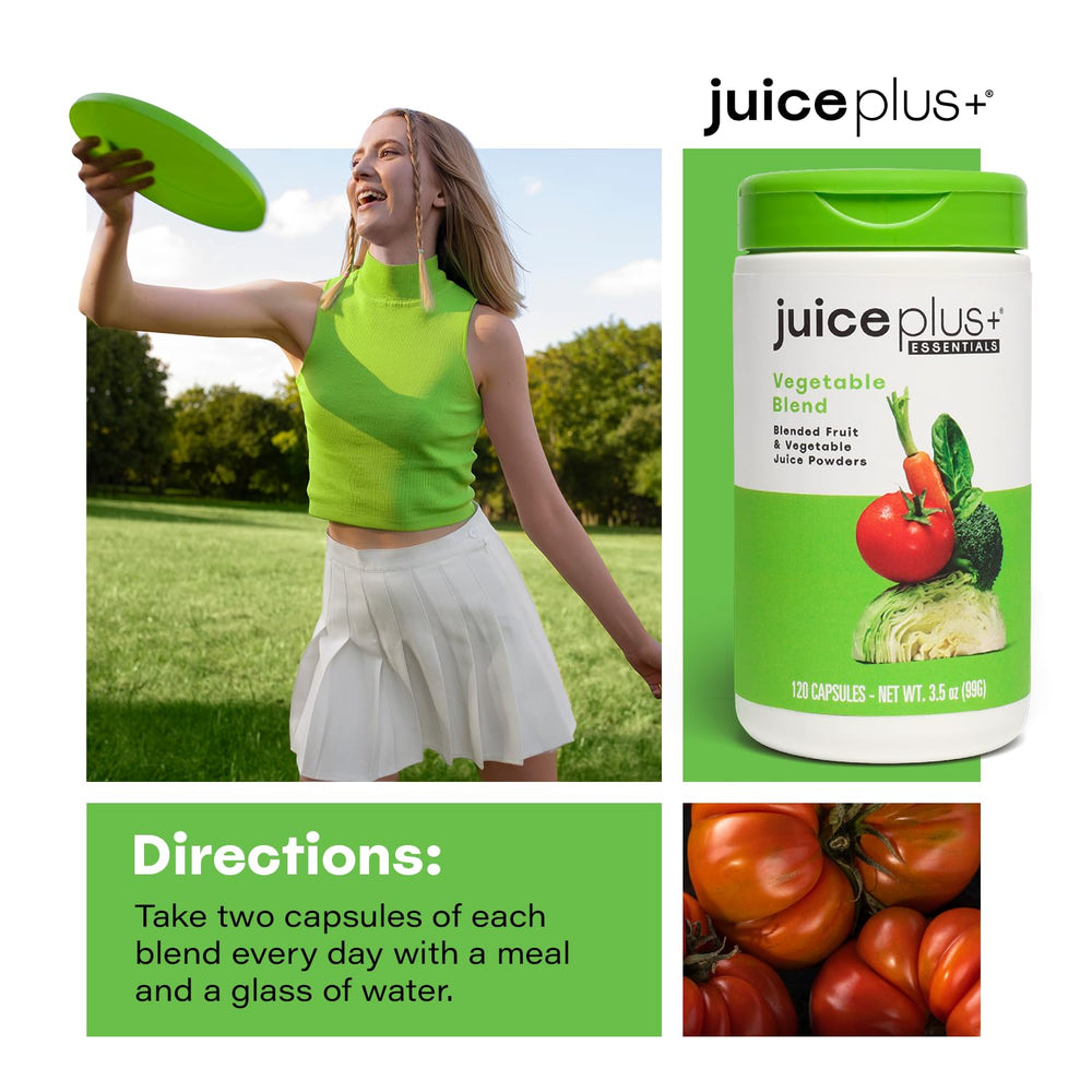 Juice Plus+ Vegetable Blend packaging highlights gluten-free, non-GMO, kosher certifications.
