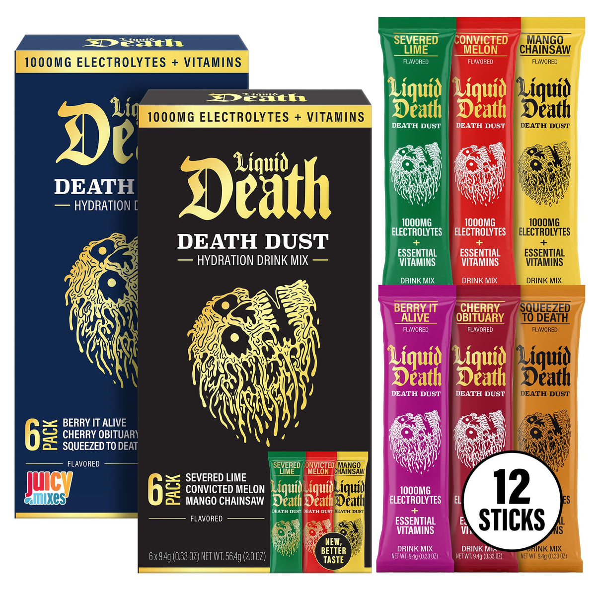 Juicy Mixes Liquid Death electrolyte stick for quick on-the-go hydration.