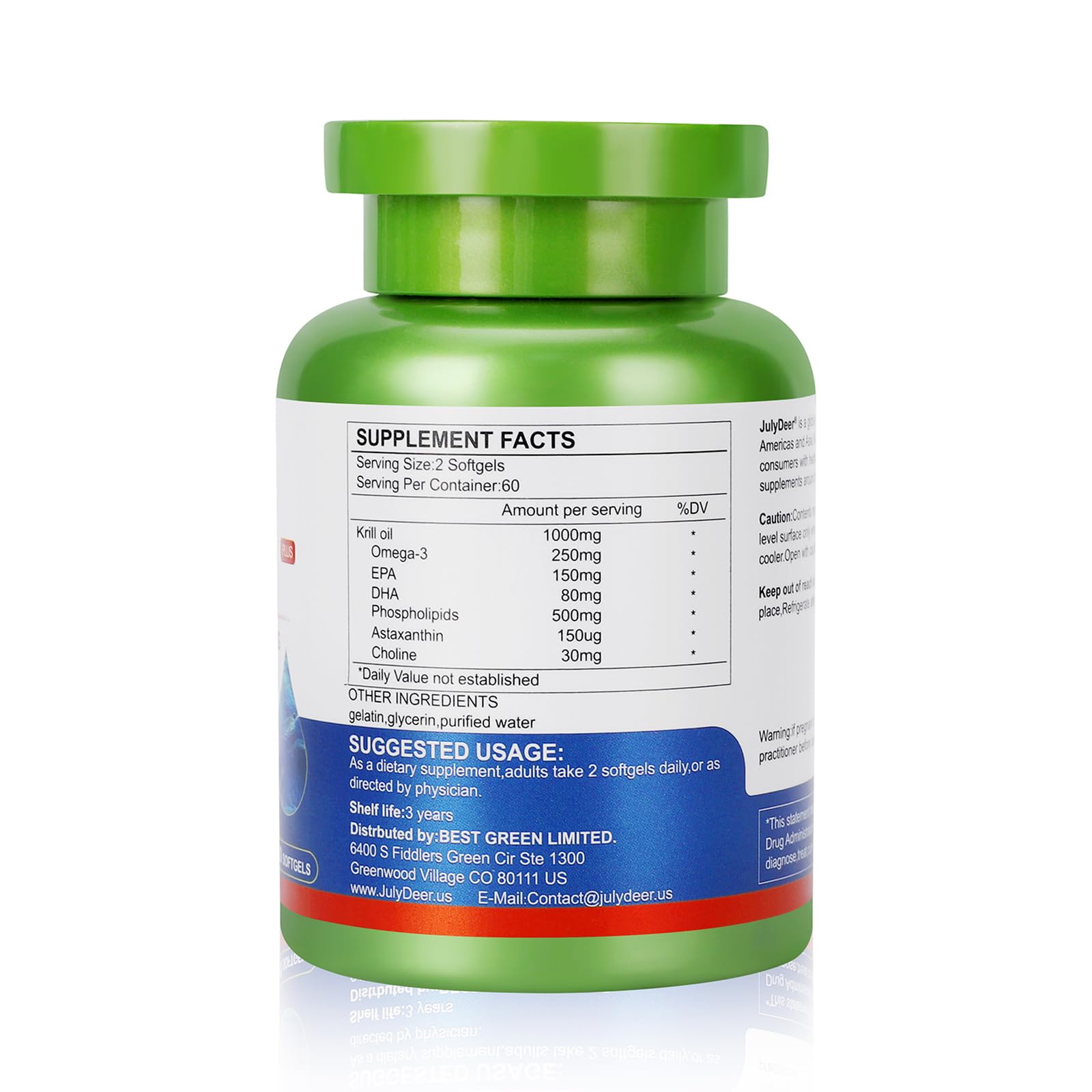 JulyDeer krill oil bottle shows 240 softgels for a long supply and easy use.