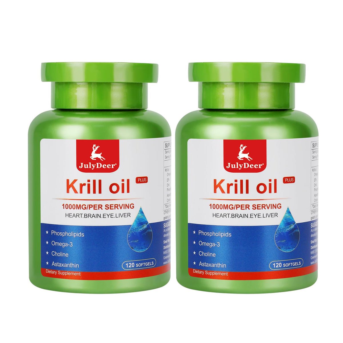 JulyDeer krill oil bottle packaging highlights Antarctic origin for quality.