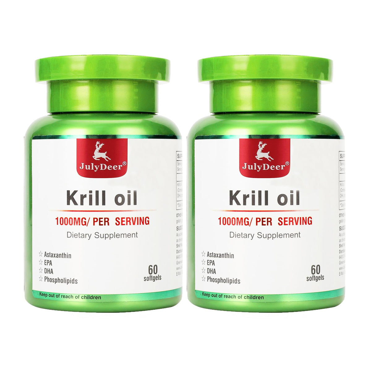 JulyDeer Antarctic Krill Oil bottle front in a 2-pack highlighting joint support