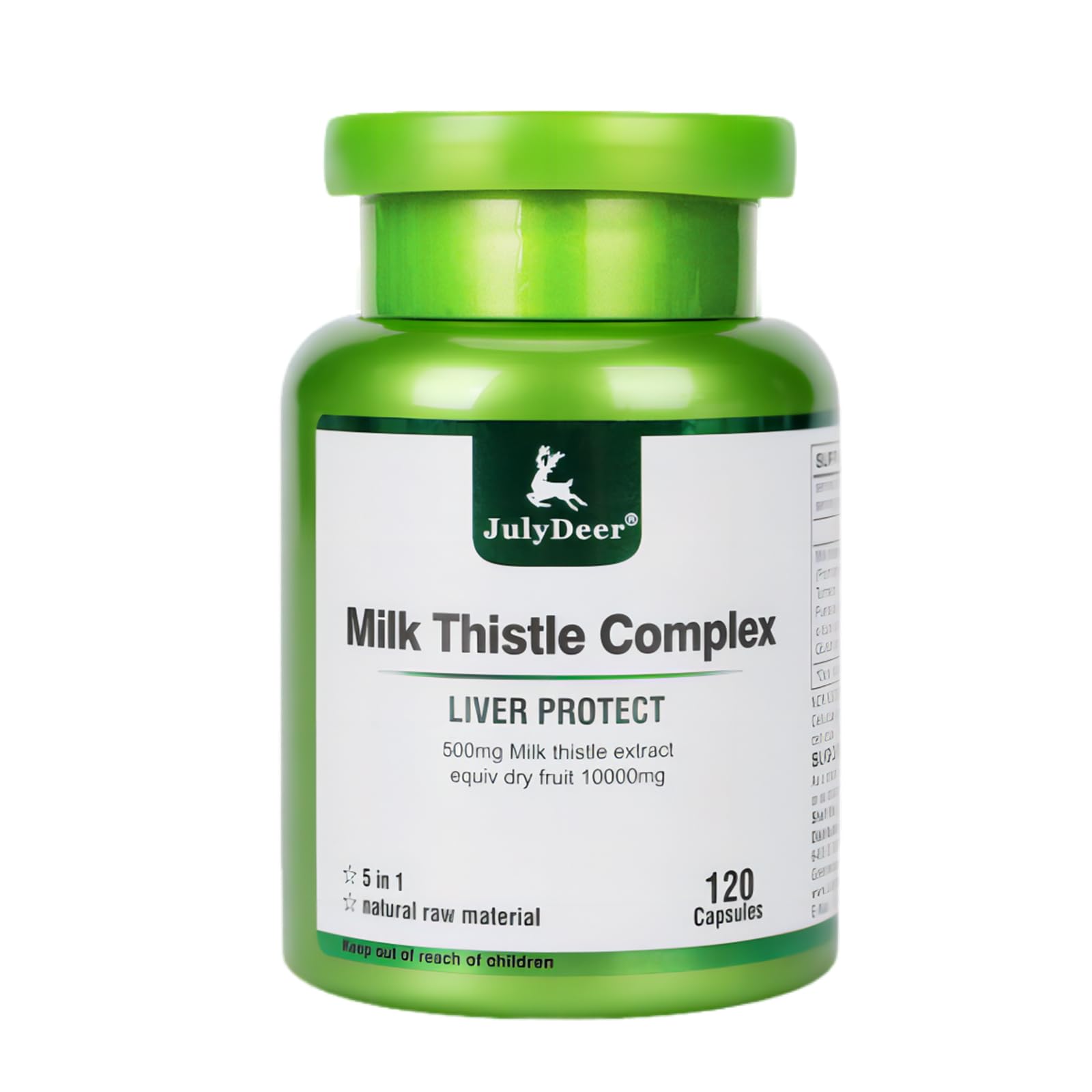 JulyDeer Milk Thistle bottle highlighting the 500 mg blend for daily liver support