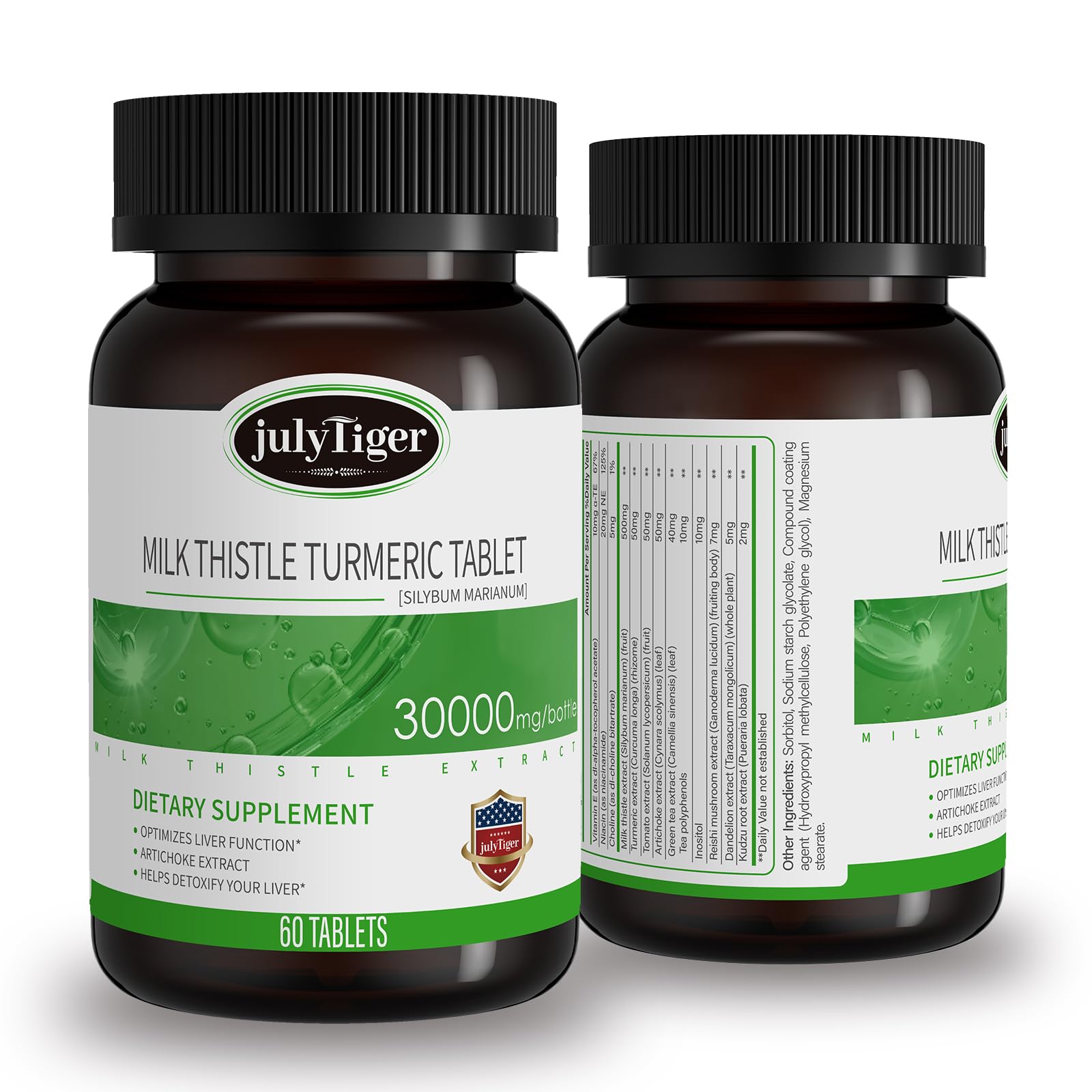 Julytiegr milk thistle liver detox bottle label highlights daily liver support.