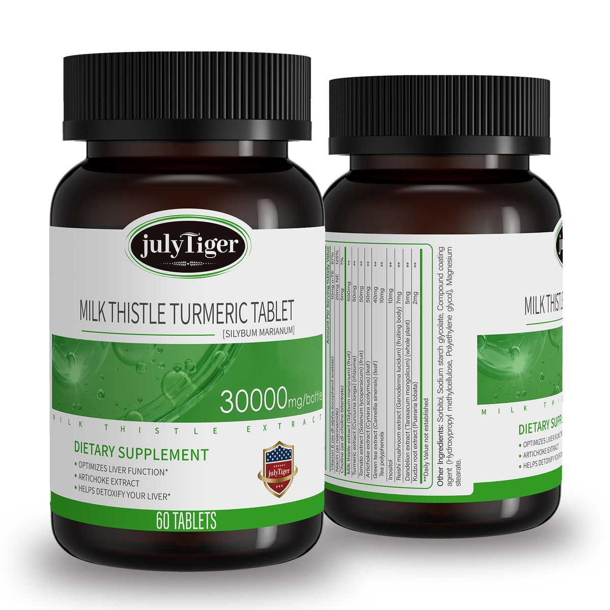 Julytiegr milk thistle liver detox bottle label highlights daily liver support.