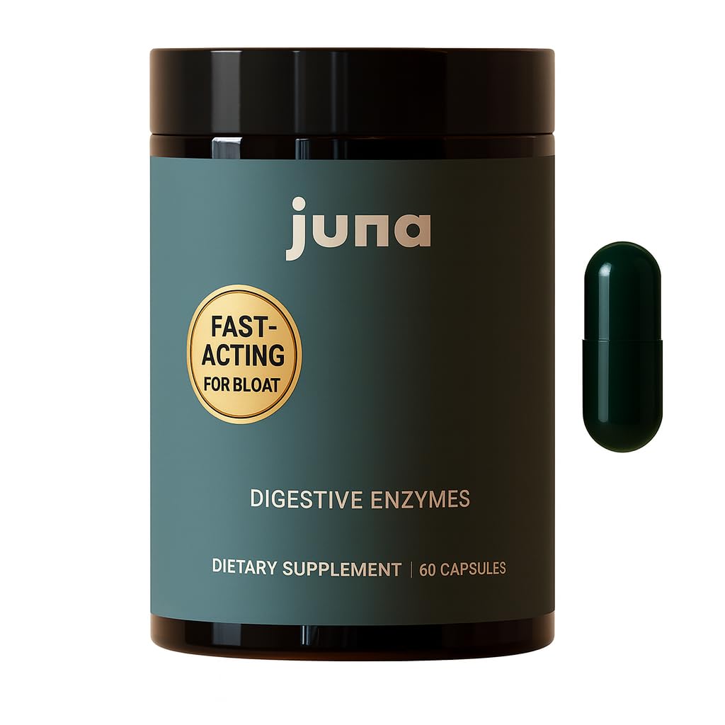 Juna Detox bottle highlighting digestive enzymes for gut comfort.
