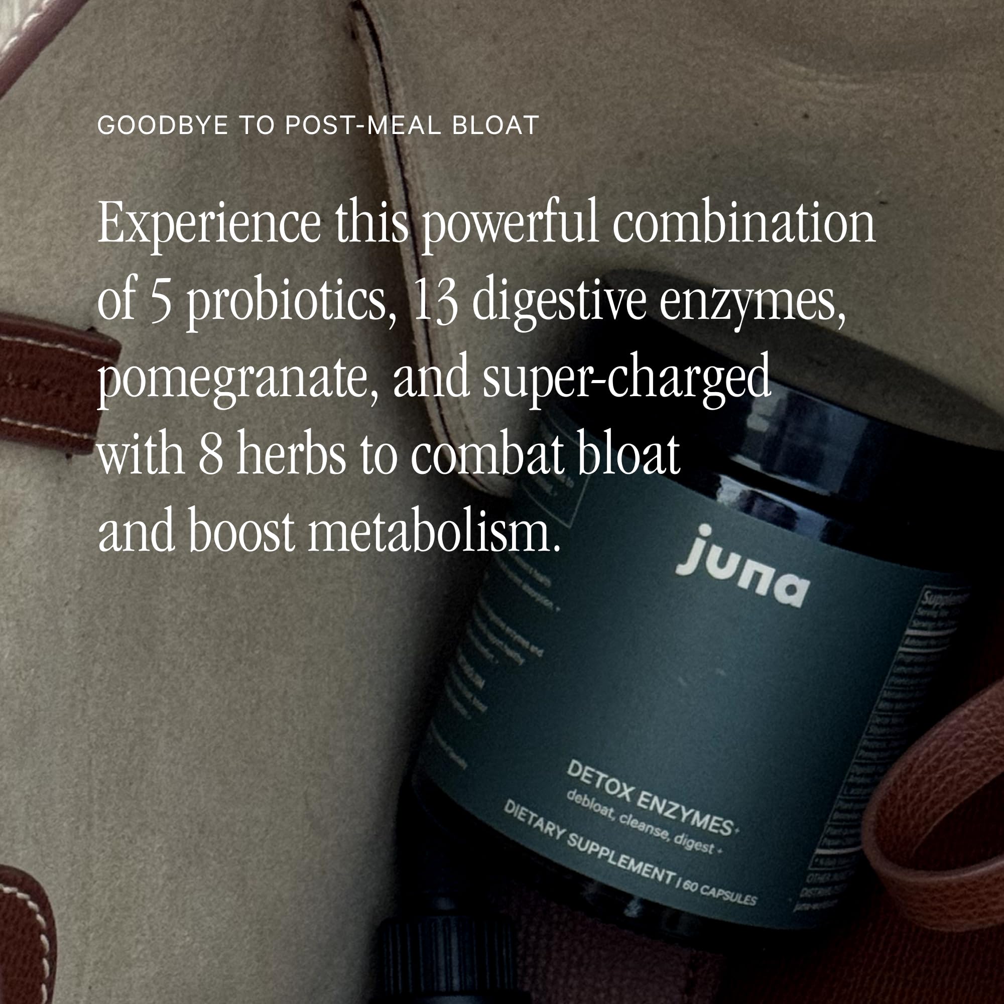 Juna Detox capsules close-up showing fast relief after meals.