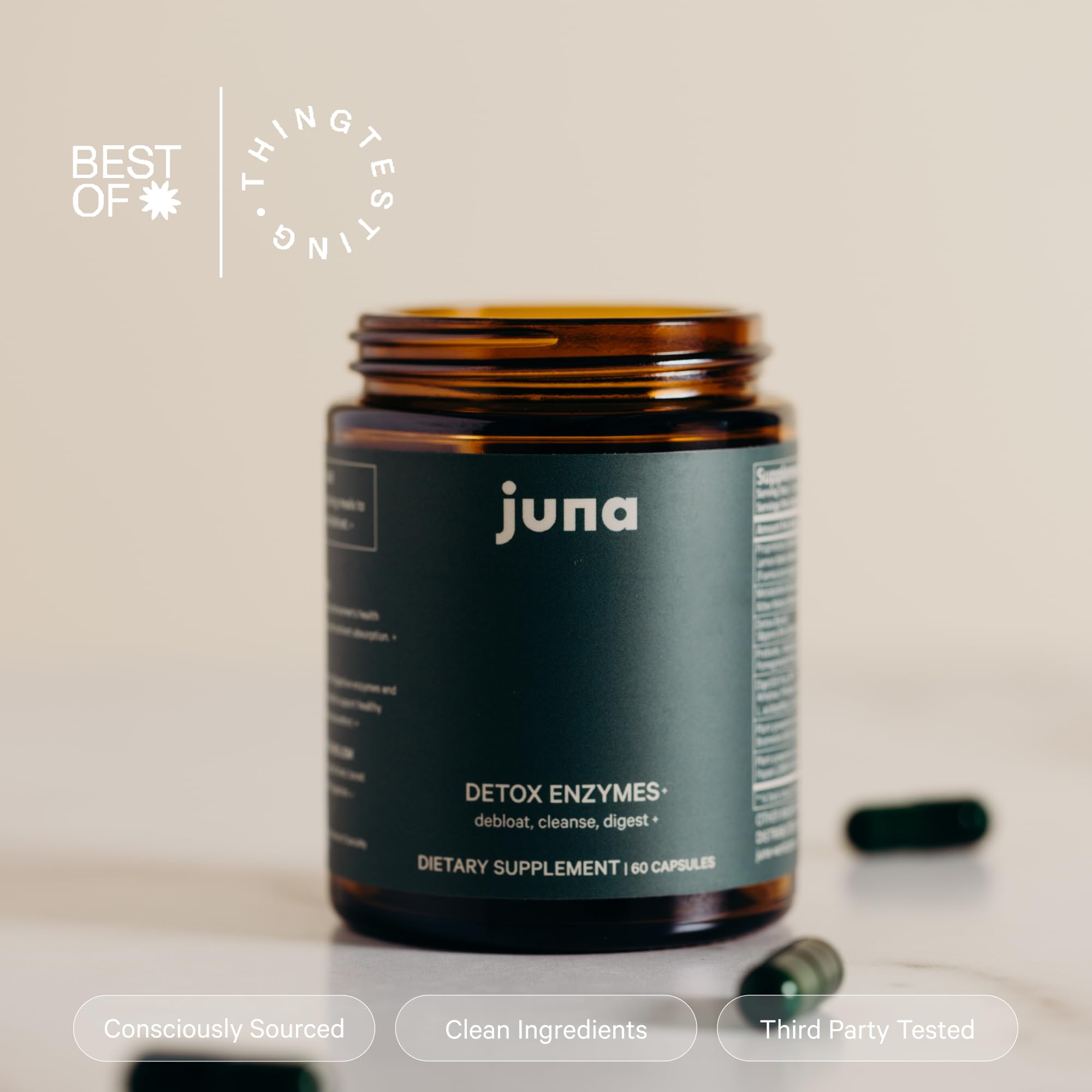 Juna Detox meal-ready use scenario with capsules beside a plate.