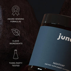 Juna Nightcap Sleep Gummies label highlighting natural ingredients and low-dose melatonin.