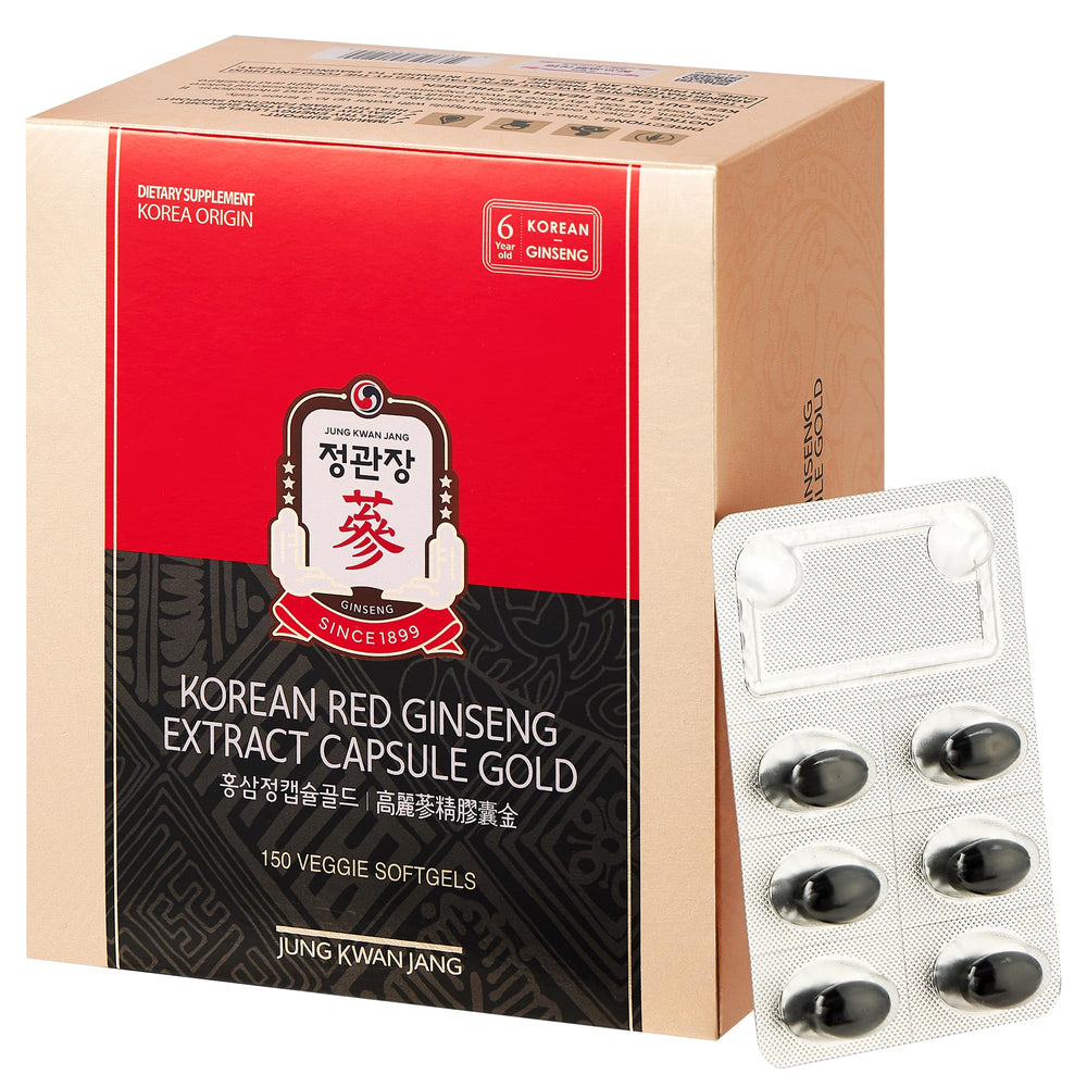 Jung Kwan Jang Korean Red Ginseng Extract Gold bottle for steady energy.