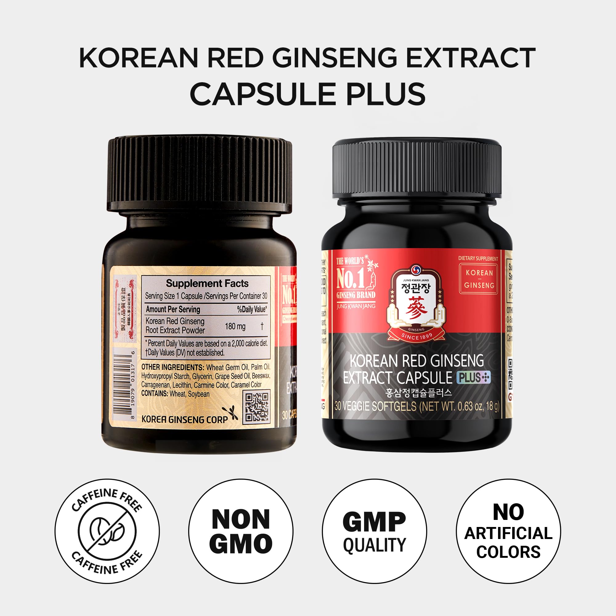 Packaging on shelf for JUNG KWAN JANG Red Ginseng showing non-GMO and vegan credentials
