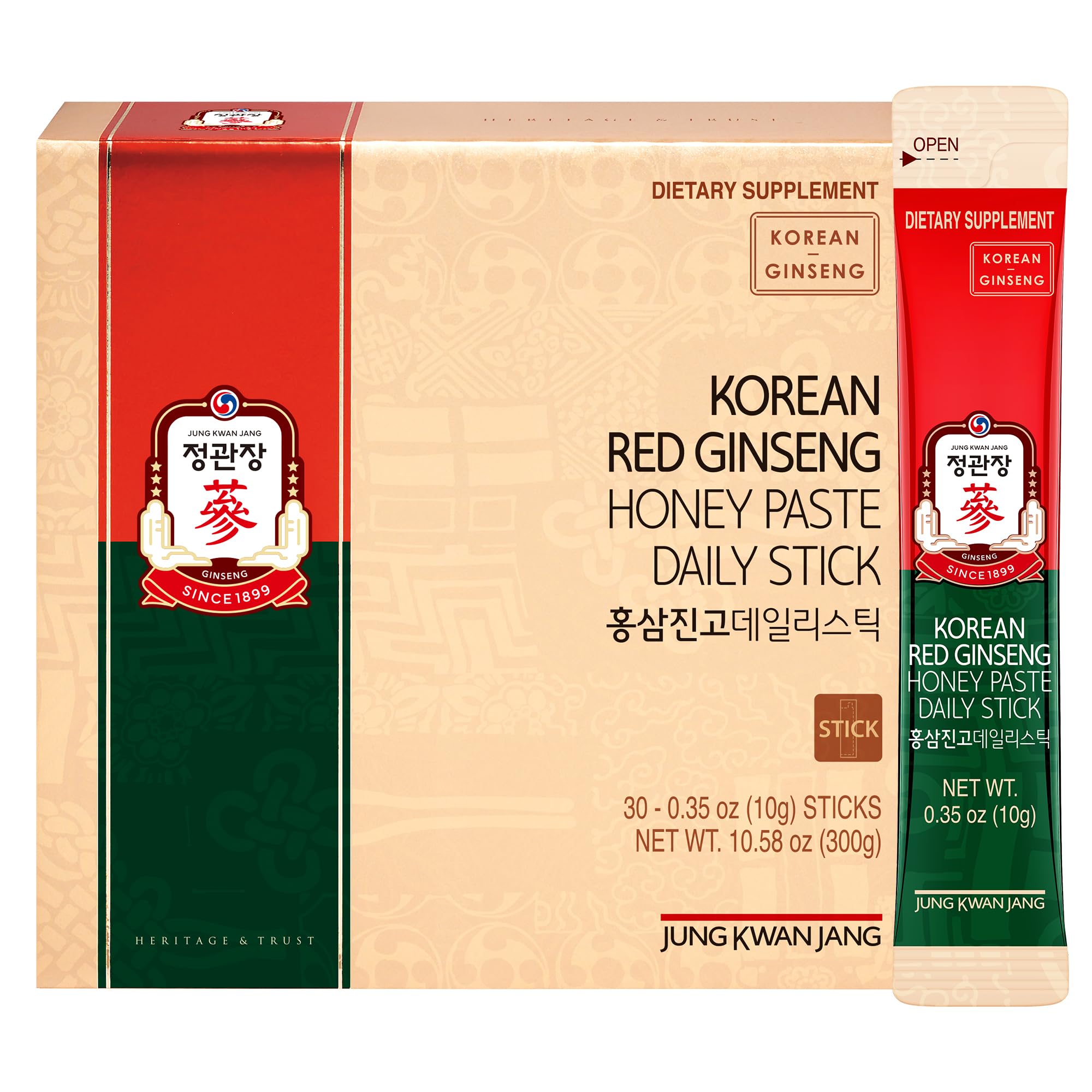 Jung Kwan Jang Korean Red Ginseng Honey Paste Daily Stick packaging on display, premium energy booster.