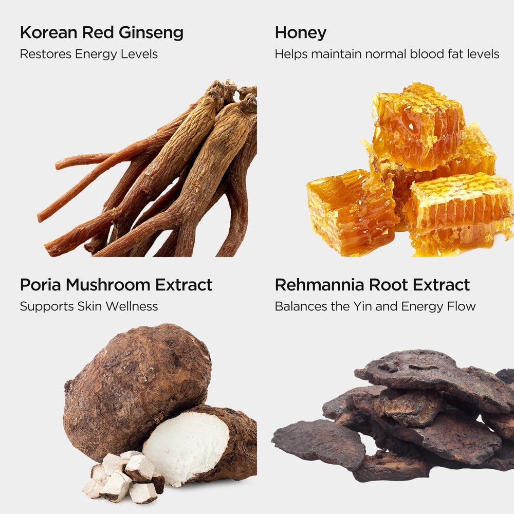 Jung Kwan Jang bottle label shows poria and rehmannia extracts for immune-support options.