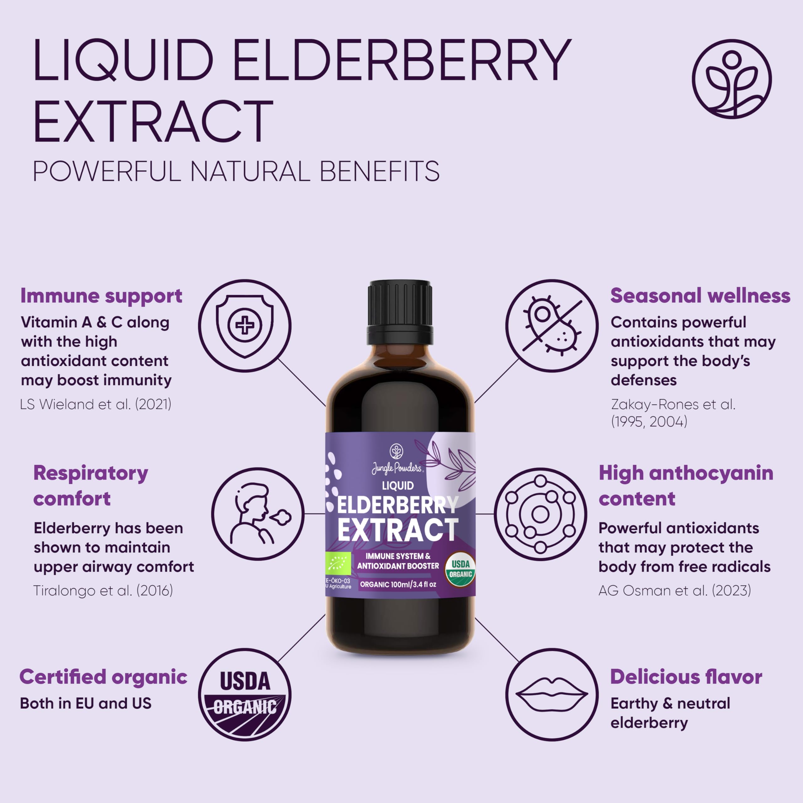 Pouring Jungle Powders elderberry syrup reveals a smooth, sugar-free serving.