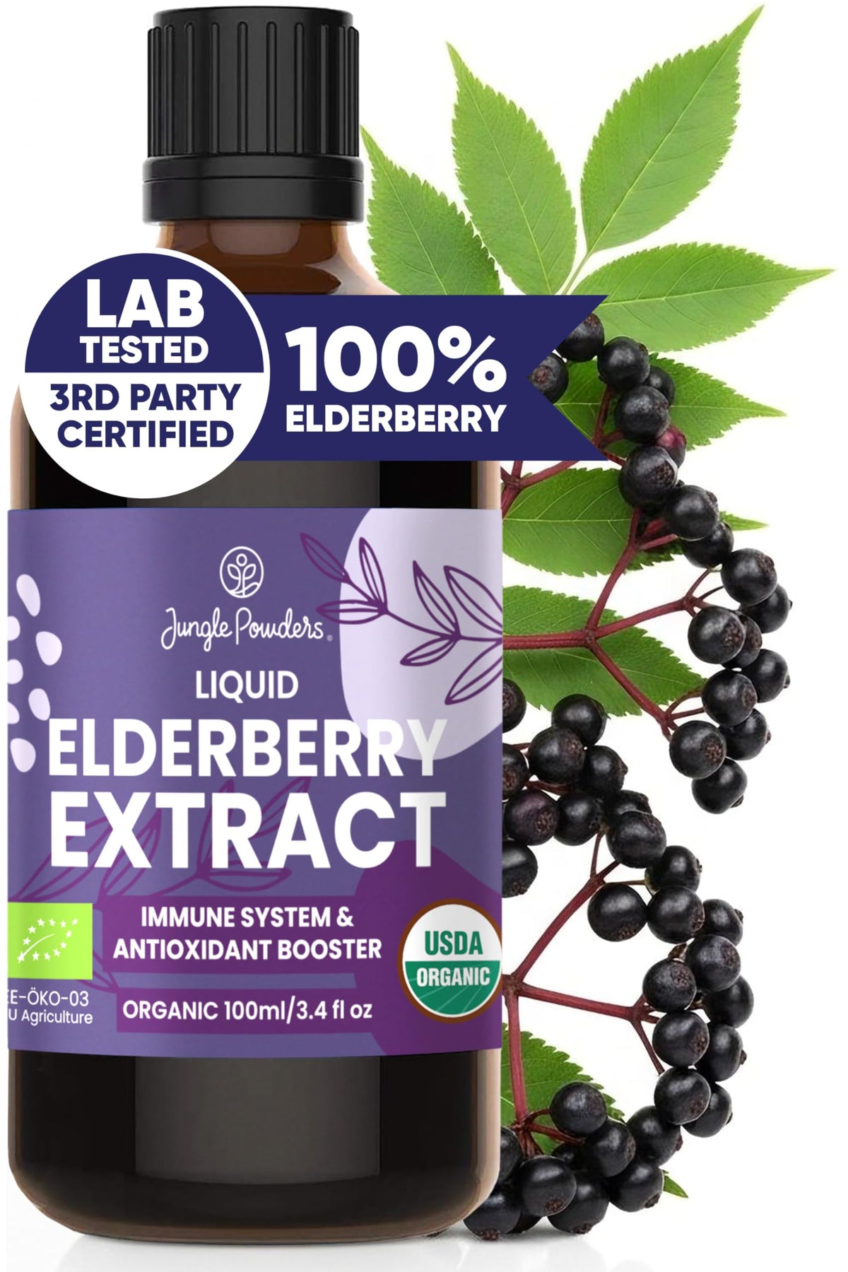 Jungle Powders Organic Elderberry Syrup bottle ready for daily use, showcasing brand and product.