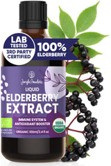 Jungle Powders Organic Elderberry Syrup bottle ready for daily use, showcasing brand and product.
