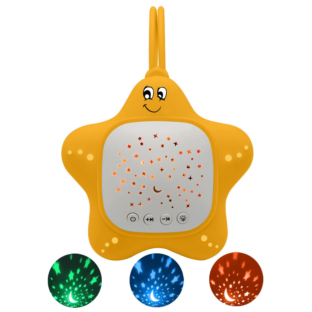Junificent portable white noise machine with star projector calms baby at bedtime and on trips.