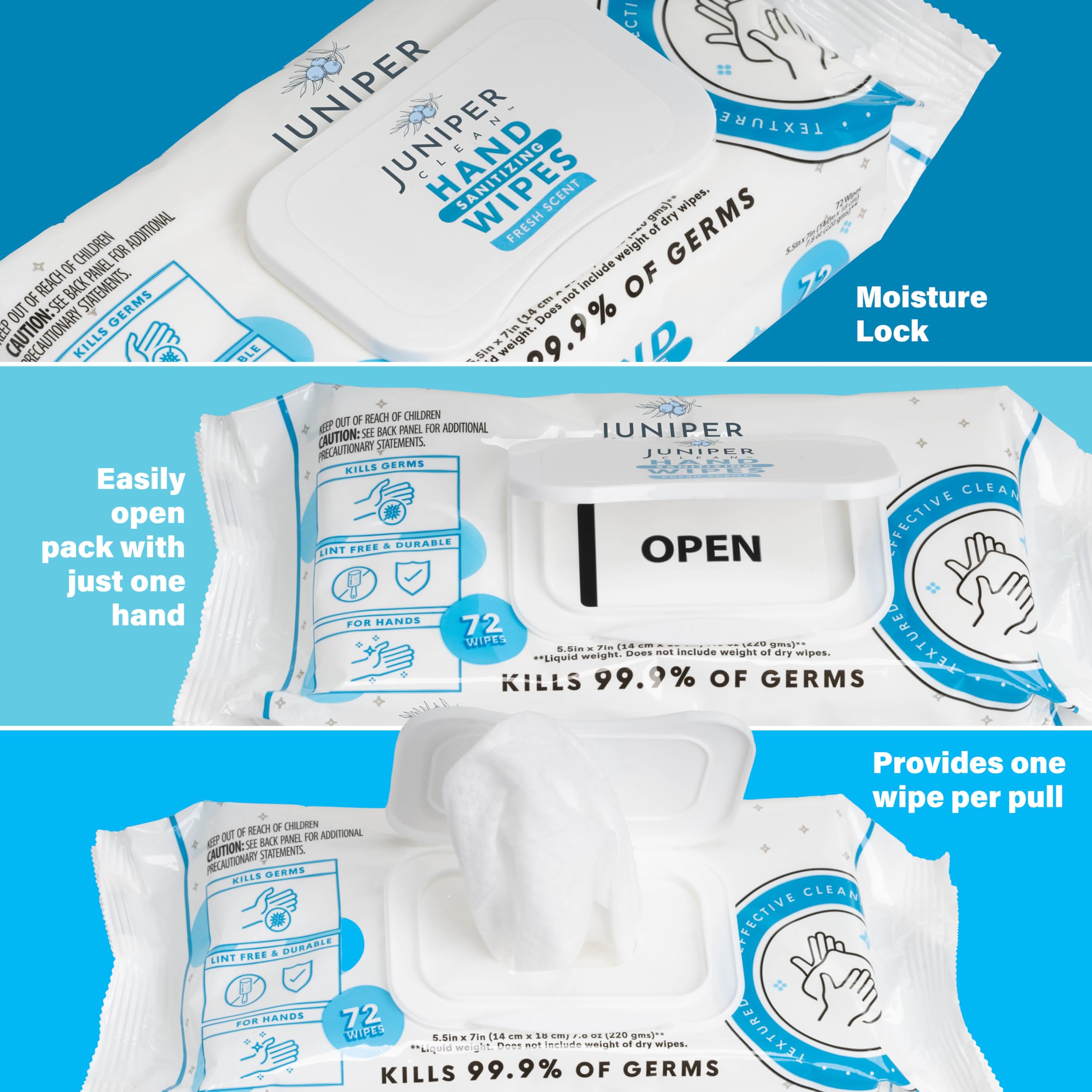 Lint-free and durable wipes provide efficient cleansing on hands and surfaces.