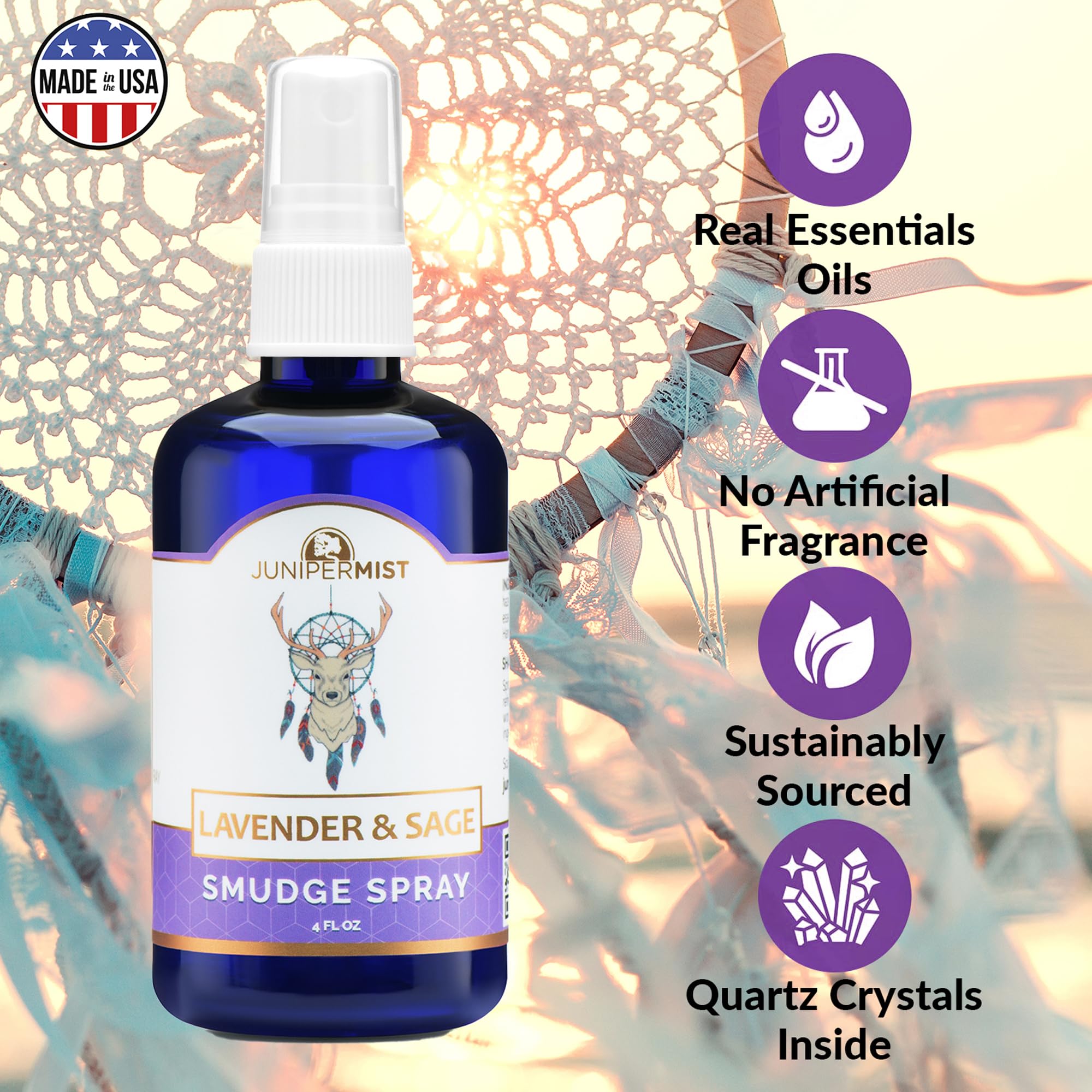 JUNIPERMIST crystal-infused sage water enhances space cleansing with mindful intention.