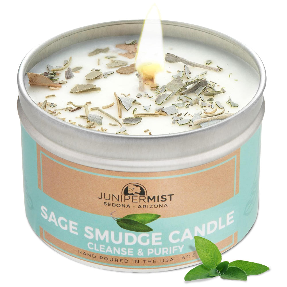 JUNIPERMIST Sage Smudge Candle front view for cleansing spaces.