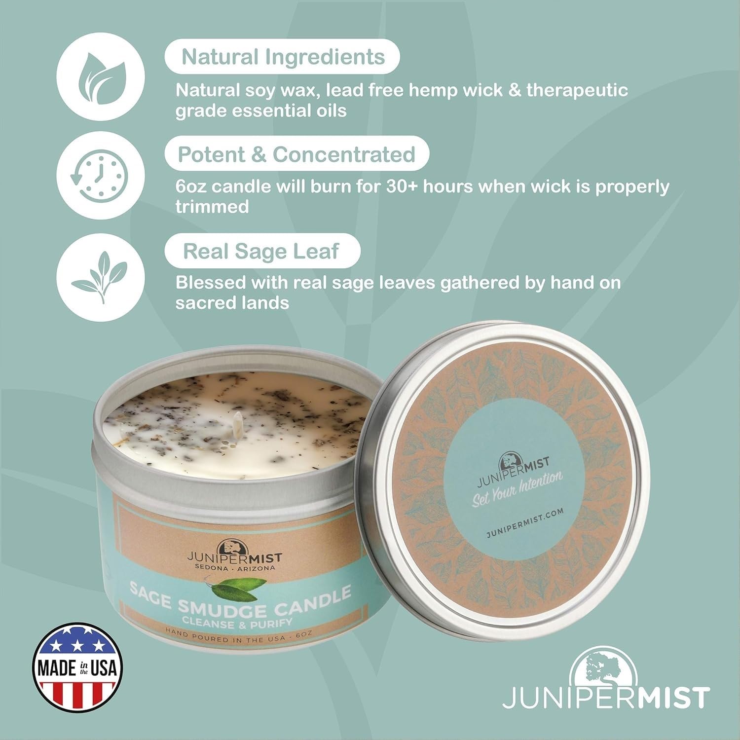 JUNIPERMIST Sage Candle smokeless design for energy cleansing without smoke.